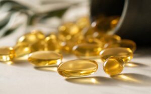 Presvietené jantárové omega-3 kapsuly rozsypané na svetlom podklade